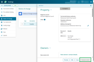 image of a dealings screen, in the Notice of Change view. The Ready to send button at the bottom right of the Notice of change panel is greyed out.