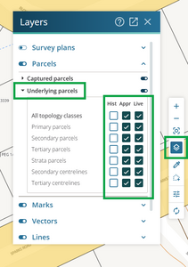 Image of the layers panel. "underlying parcels" is highlighted. The tick-boxes for the topology classes are also highlighted.