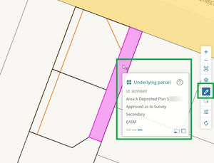 image of survey capture, with the inspect and adopt tool highlighted. An underlying parcel is selected and showing pink, and it's information panel is visible.