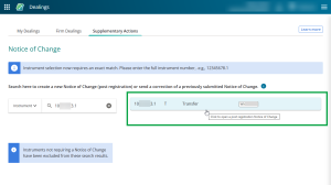 image highlighting a searched instrument for PRNoC. The mouse cursor is positioned over the instrument, and the tool-tip reads "Click to open a post registration Notice of Change".