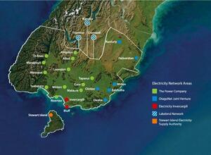 Map of the lower part of the South Island of New Zealand. Markers show the electricity network areas covered by The Power Company, OtagoNet Joint Venture, Electricity Invercargill, Lakeland Network, or Stewert Island Electricity Supply Authority