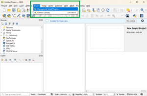 Image of a QGIS window, with the 'Plugins' menu open and highlighted.