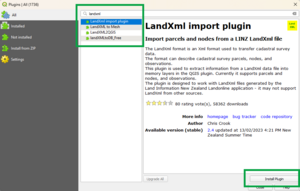 image of the QGIS manage plugins window. 'Landxml' has been entered in the search bar, and 'LandXML import plugin' is highlighted in the results. 'Install plugin' is also highlighted in thebottom right corner of the window.