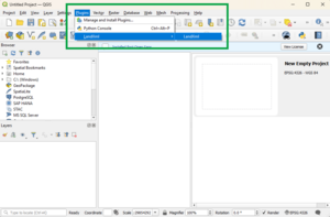 Image of a QGIS window, with the 'Plugins' menu open and highlighted. LandXML has been selected.