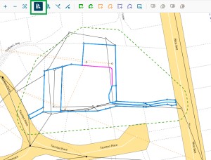 screenshot of define diagrams screen, highlighting the Select RT lines tool at top of screen. In centre of screen, a segment of RT boundary is pink, showing that it has been selected. the remaining RT boundaries are pale blue.