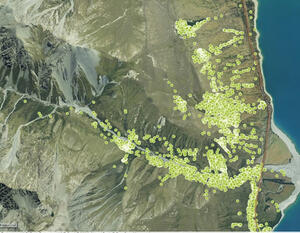 Aerial images using yellow circles to show rowan control between Aoraki Mount Cook and Ferintosh Station