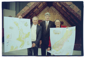 Photo of Wharehuia Milroy, Denis Marshall, Minister, and Te Aue Davis with the Maori 1840 map launch at Te Papa