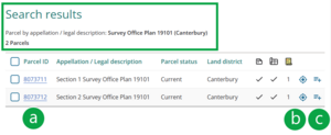 image of search results for Survey Office plan 19101 Canterbury. There are two results. Items in screenshot are marked A, B and C.