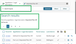 screenshot showing search results for Deposited Plan 491. There are 46 parcels. The Search inputs option is highlighted.