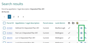 image showing search results for Deposited plan 491. The locate icons next to the listed parcels are highlighted.