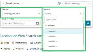 image highlighting the selected statute, and the "section" field, with the open drop-down list of sections relating to the selected statute.