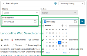 image highlighting the "date recorded" fields. The date "from" is typed in, and the date "to" has the calendar open.