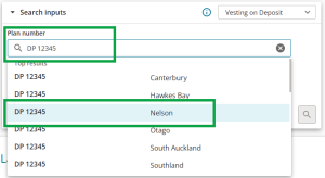 image highlighting the "plan number" field. A DP number has been entered, and a list of results is displayed.
