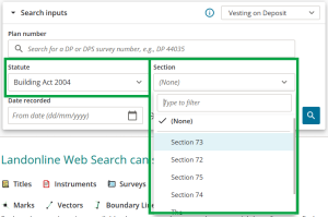 image highlighting the selected statute, and the "section" field, with the open drop-down list of sections relating to the selected statute.