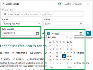 image highlighting the "date recorded" fields. The date "from" is typed in, and the date "to" has the calendar open.