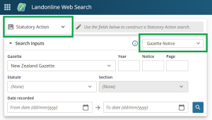 image of the Statutory action search panel, with type "gazette notice" highlighted.