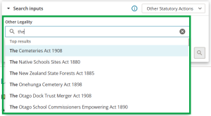 image highlighting the "other legality" field. "the" has been typed into the field, and a list of matching results is displayed in a drop-down list.