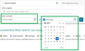 image highlighting the "date recorded" fields. The date "from" is typed in, and the date "to" has the calendar open.