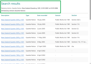 image of the search results for a search statutory action by type gazette notice, page 1691, within a date range. There are 28 results displayed.