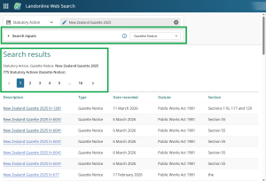 image of the search results screen, with the number of returned results highlighted. The condensed "search inputs" panel is also highlighted.