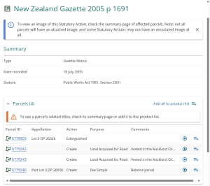 image of a statutory action's summary page. There is a "summary" section at the top, and a "parcels" section at the bottom of the page.