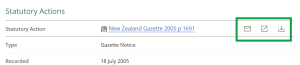 image of a statutory action on a parcel's summary page, highlighting the greyed-out order icons at the top right of the section.
