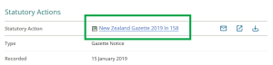 image of a statutory action on a parcel's summary page, highlighting the link to the statutory action's summary page.