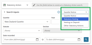 image of the Statutory action search panel, with the "type" drop-down menu open.