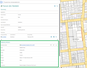 image of a parcel details page in Web Search. The parcel has a statutory action which is highlighted at the bottom of the page.