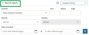 image of the statutory actions search panel, highlighting "Search inputs".