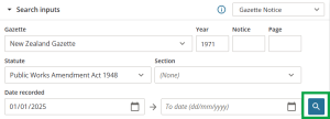 image of the statutory actions search panel, highlighting the active Search icon at the bottom right of the panel.