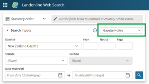 image of the Statutory action search panel, with type "gazette notice" highlighted.