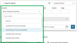 image highlighting the "gazette" field and open drop-down list of gazettes.