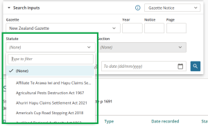 image highlighting the "statute" field and open drop-down list of statutes.