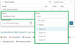 image highlighting the selected statute, and the "section" field, with the open drop-down list of sections relating to the selected statute.