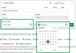 image highlighting the "date recorded" fields. The date "from" is typed in, and the date "to" has the calendar open.
