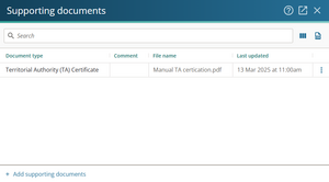 image of the supporting documents panel with a TA certificate added.