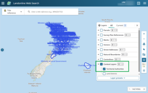 Image of the Web Search spatial screen, with the map zoomed out to New Zealand's extents. The Territorial Authority layer is turned on, but only dispalying for the North Island and Marlborough in the South Island.