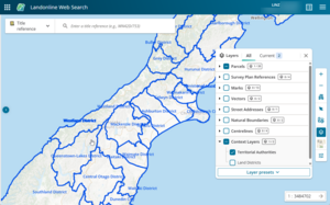 Image of the Web Search spatial screen, with the map zoomed into the South Island. The Territorial Authority layer is turned on, and is displaying correctly over the visible area.