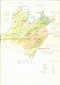 Draft sketch of the top of Te Waipounamu including colour planning