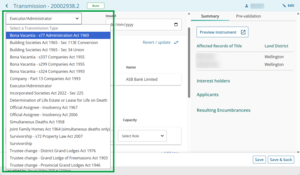Image of a prepare transmission screen. The transmission type dropdown menu is open and all available transmission types are visible.