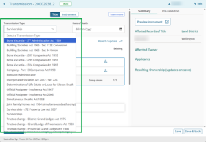 Image of a prepare transmission screen. The transmission type dropdown menu is open and all available transmission types are visible.