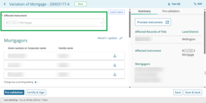 image of prepare instrument screen for Variation of Mortgage. The Affected instrument field is highlighted.