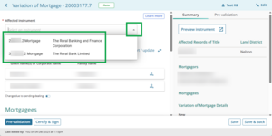 image of the affected instrument field for Variation of Mortgage. There are 2 mortgage instruments to choose from.