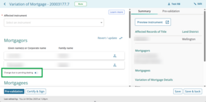 image highlighting the "Change due to pending dealing toggle" below the Mortgagors section of a Variation of Mortgage.