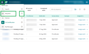 image of a Landonline screen with the 9-dot icon in the top left corner highlighted. The 'switch apps' menu is open, and "requests" and the arrow icon are also highlighted.