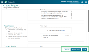 image highlighting the 'Discard', 'Save as draft' and 'Send' buttons at the bottom right of the create request screen.