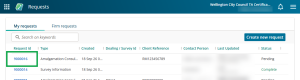 image of my requests dashboard, highlighting the request id in the left-hand column for a submitted request.