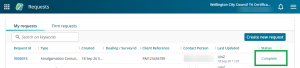image highlighting a "complete" status in the My requests dashboard.
