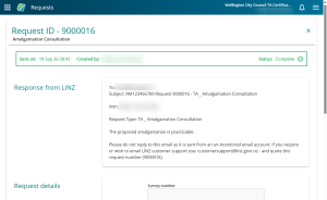 image of a completed request in Landonline, including the response from LINZ.
